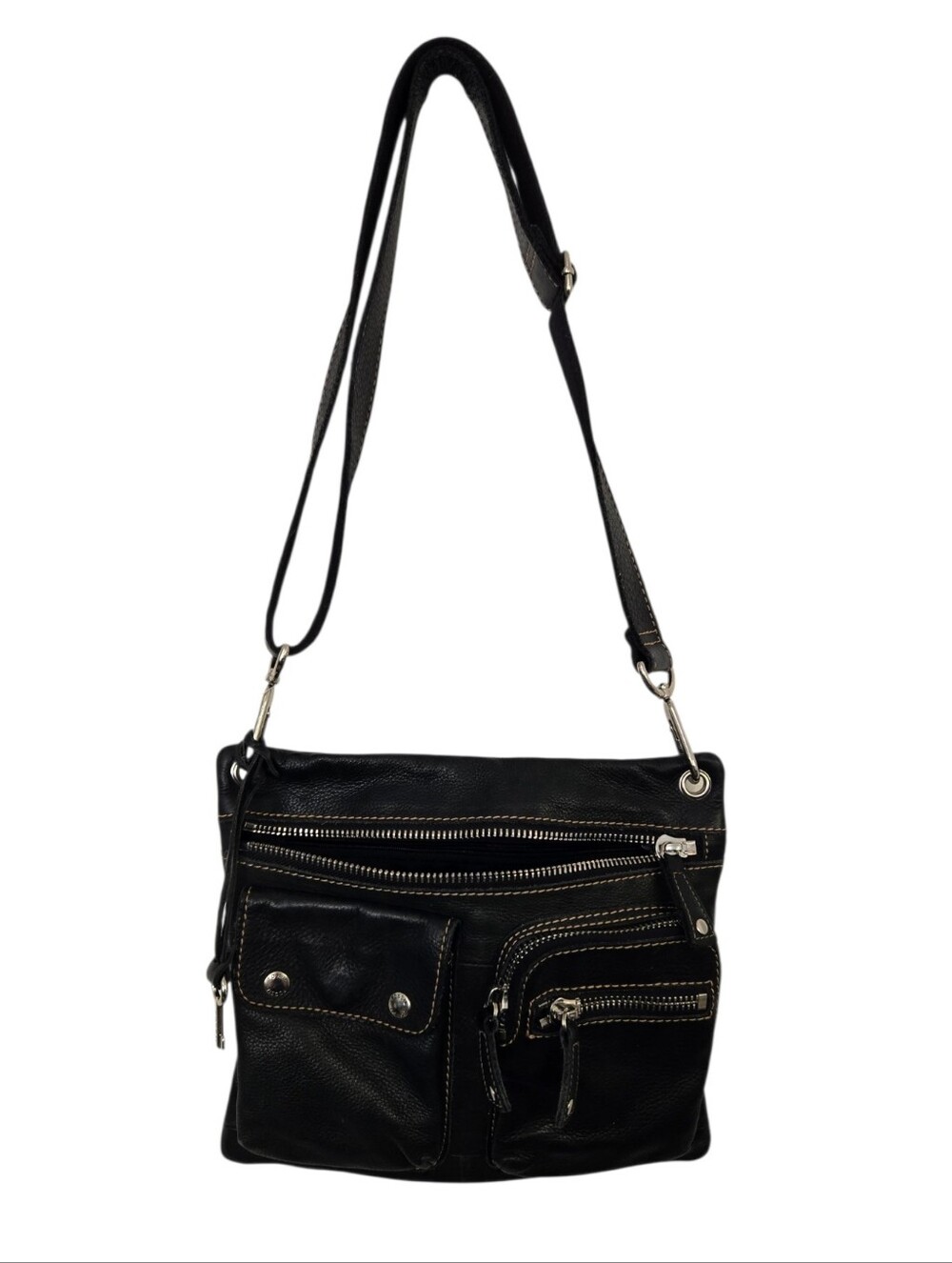 Fossil Black Genuine Leather Multi-Pocket Crossbody Organizer Bag